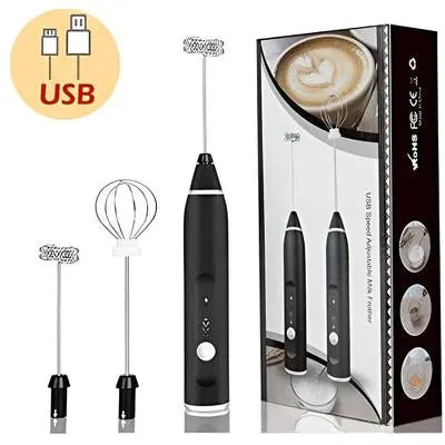 USB Rechargeable Electric Milk Frother – 3-Speed Coffee Mixer with 2 Whisks