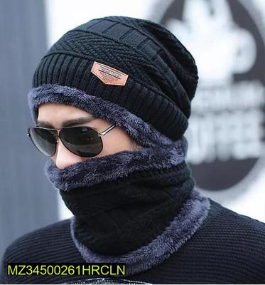Winter Knitted Beanie Cap & Neck Warmer Set for Men & Women | Thick Fleece Lined, Windproof, Ultra Warm – Black