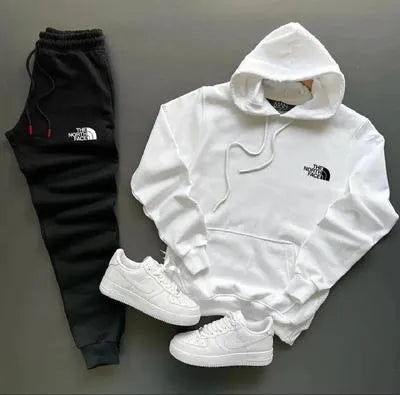 Men’s Premium The North Face Style Hoodie & Trouser Tracksuit Set – White Hoodie & Black Joggers | Winter Fleece Outfit